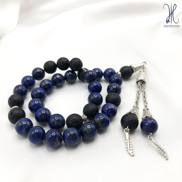 LAPIZ LAZULI AND BLACK LAVA - 10 MM - 33 BEADS