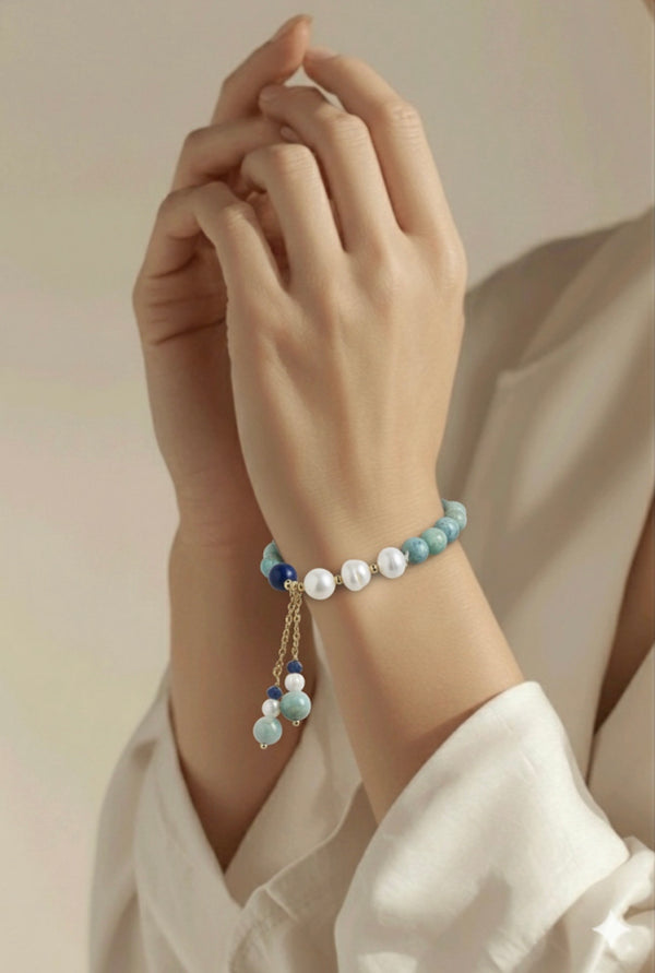 Amazonite, Blue Lapiz and Fresh Water Pearls Elastic Bracelet with dangles