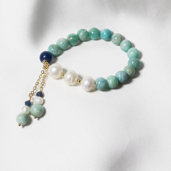 Amazonite, Blue Lapiz and Fresh Water Pearls Elastic Bracelet with dangles