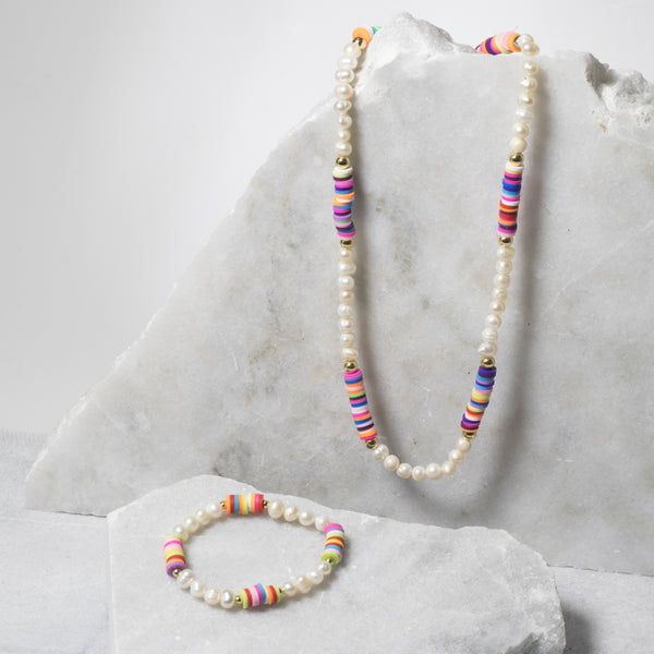 Kids Jewlery Set (Pearl And Clay Beads Neklace And Bracelet Set )