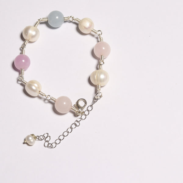 Adjustable Aqua Marine, Pearls And Morganite Bracelet 10MM.