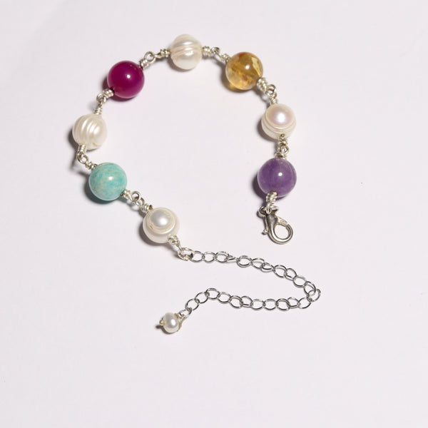 Citrine, Pink Agate, Amazonite, Amethyst And Pearls Bracelet 10MM