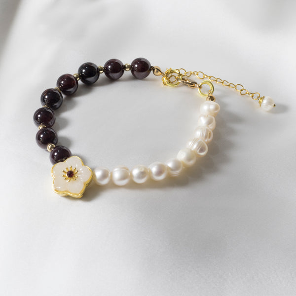 Garnet And Fresh Water Pearls With Cherry Blossom Charm Bracelet.