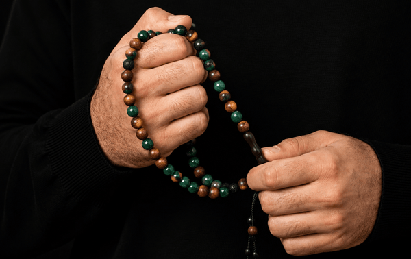 Teak Wood,Green quartz & Black lava 100 beads 8mm Tasbih Bracelet