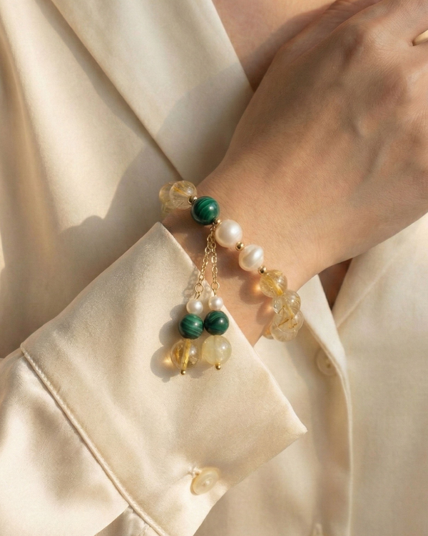 Golden Rutile, Pearls & Malachite Bracelet.