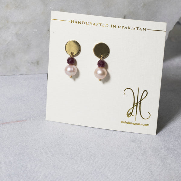 Gold Plated Ruby & Pearls Earrings