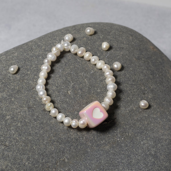 Kids Jewlery Set (Pink Heart Cube And Fresh Water Pearls Elastic Set )