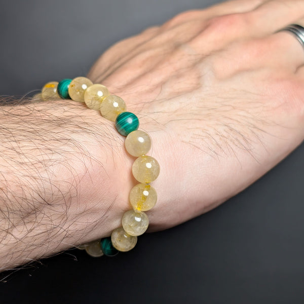 Golden Rutilated Quartz & Malachite Flexible Bracelet 8MM