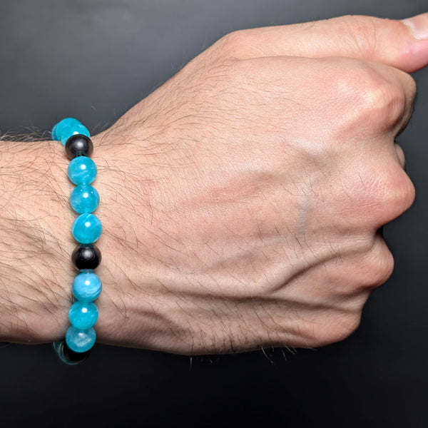 Icy Amazonite & Ebony Wood Flexible Bracelet 8MM.