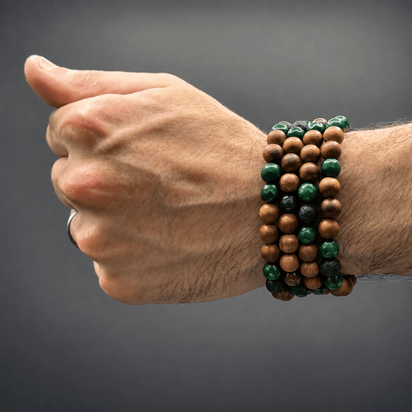Teak Wood,Green quartz & Black lava 100 beads 8mm Tasbih Bracelet